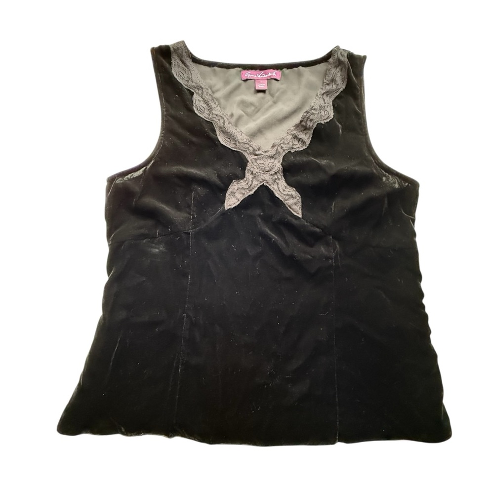 Gloria Vanderbilt Fitted Black Velvet Tank V-Neck Lace Trim Side Zip Size‎ Large